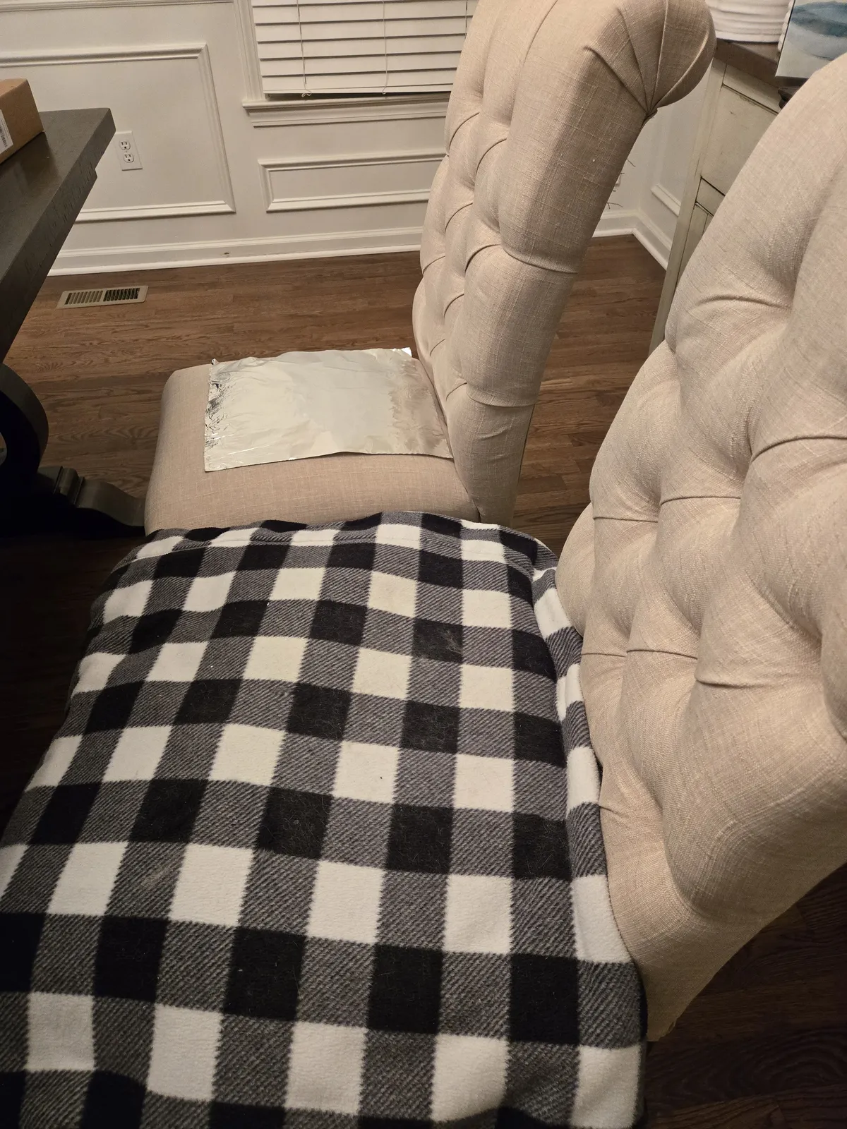 The full setup — foil on the off-limits chair, buffalo plaid blanket on the designated cat chair right next to it