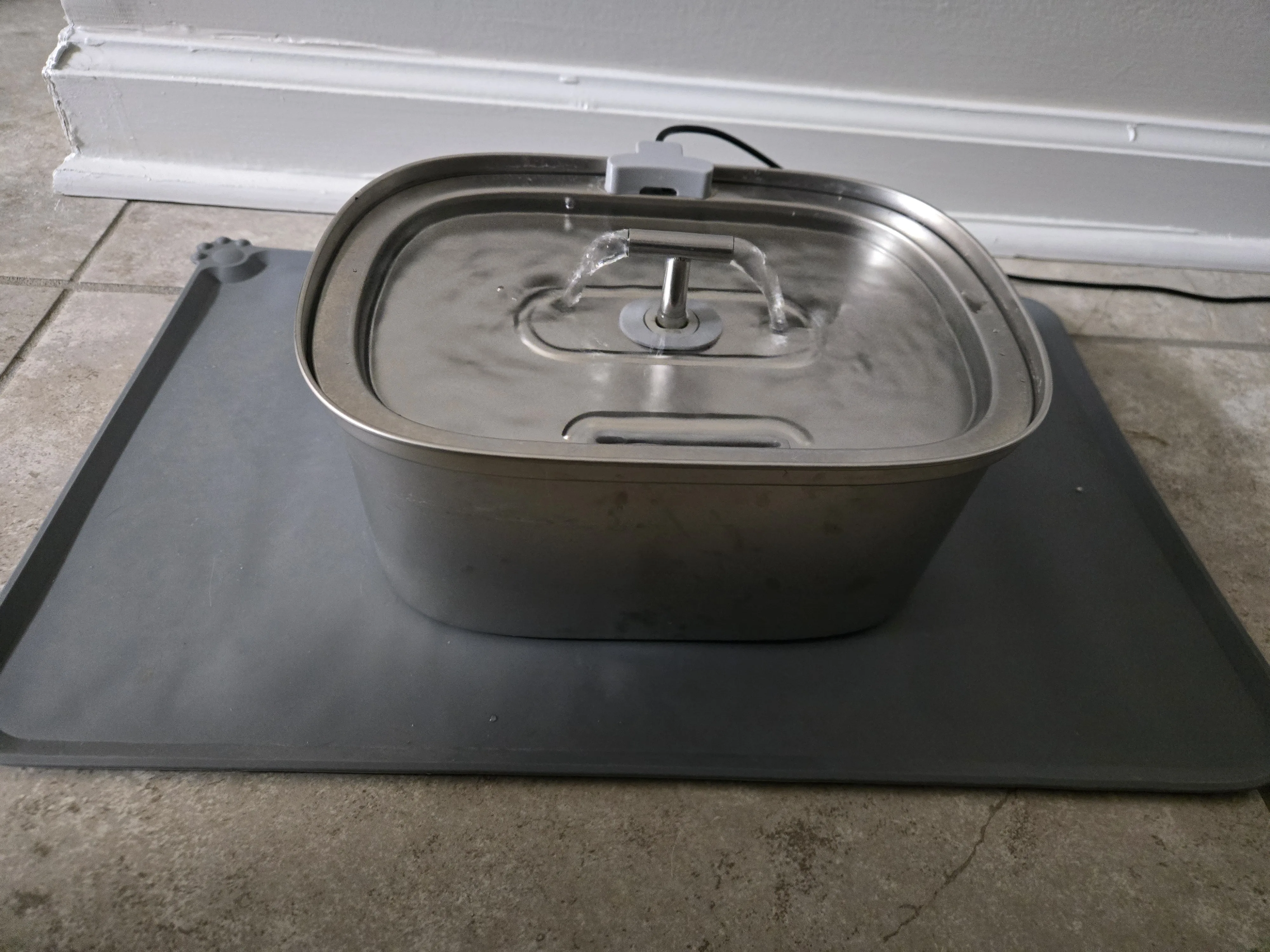 Our Rellaty stainless steel cat water fountain sitting on a silicone mat — still going strong after years of daily use with three cats