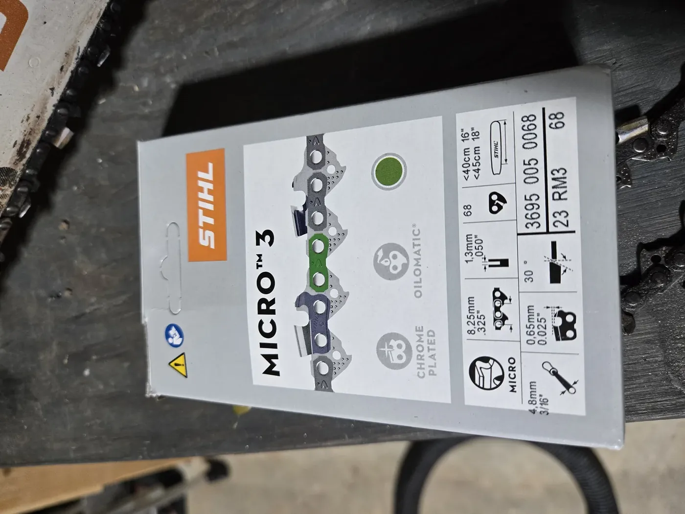 The Stihl Micro 3 chain box: 3/16 inch (4.8 mm) file, 30-degree filing angle, .325 inch pitch, .050 inch gauge, 68 drive links