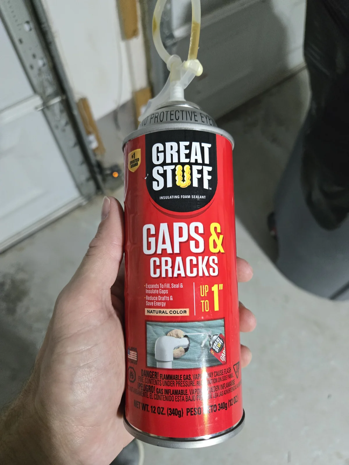 Great Stuff Gaps & Cracks — the whole toolkit for this job is this can and a pair of nitrile gloves