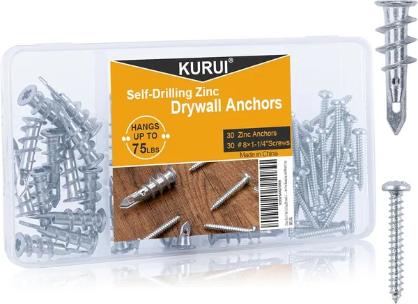 KURUI Zinc Self-Drilling Drywall Anchors (60-Piece Kit)