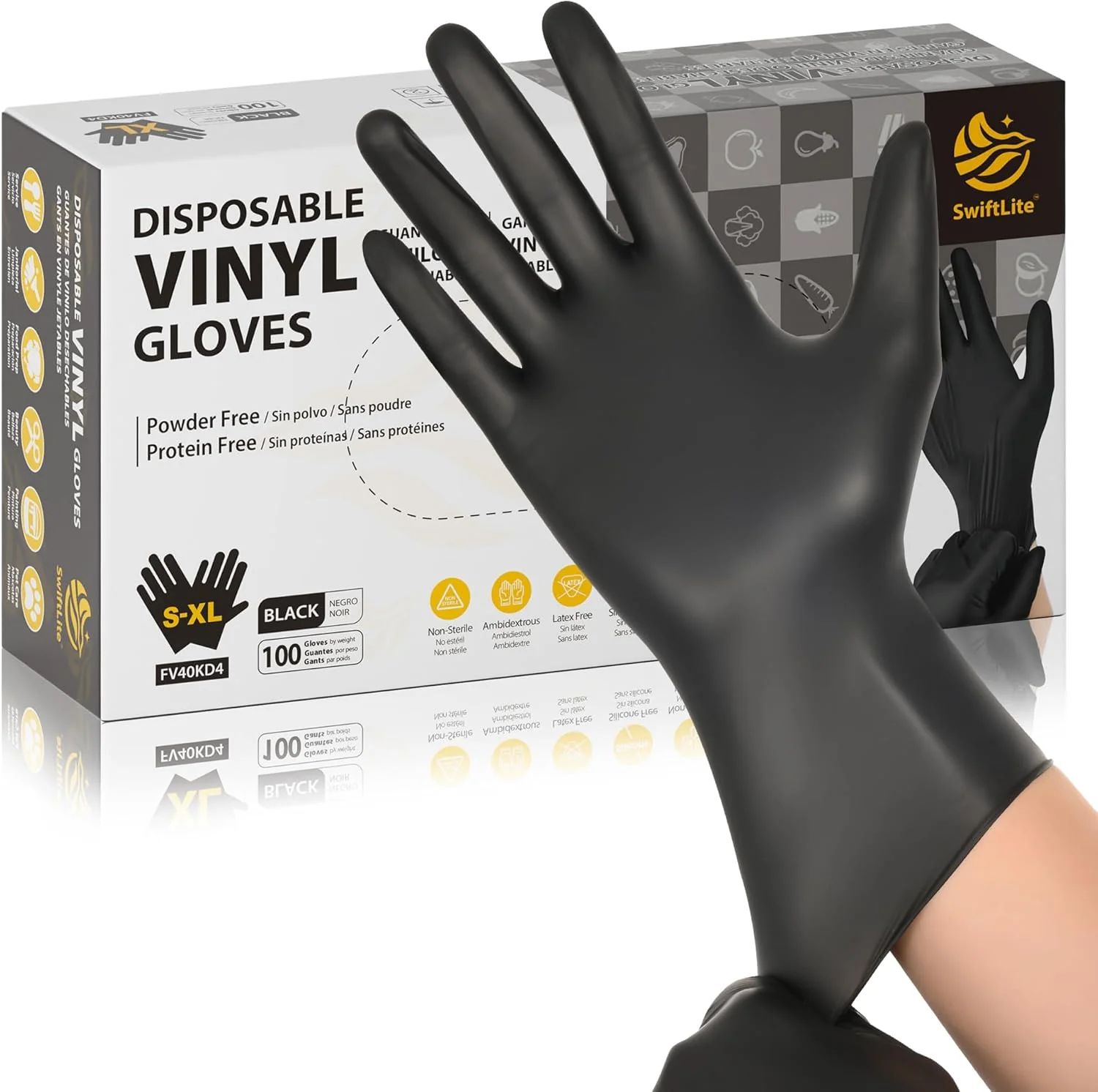 SWIFTLITE Black Vinyl Gloves (Disposable, Box)