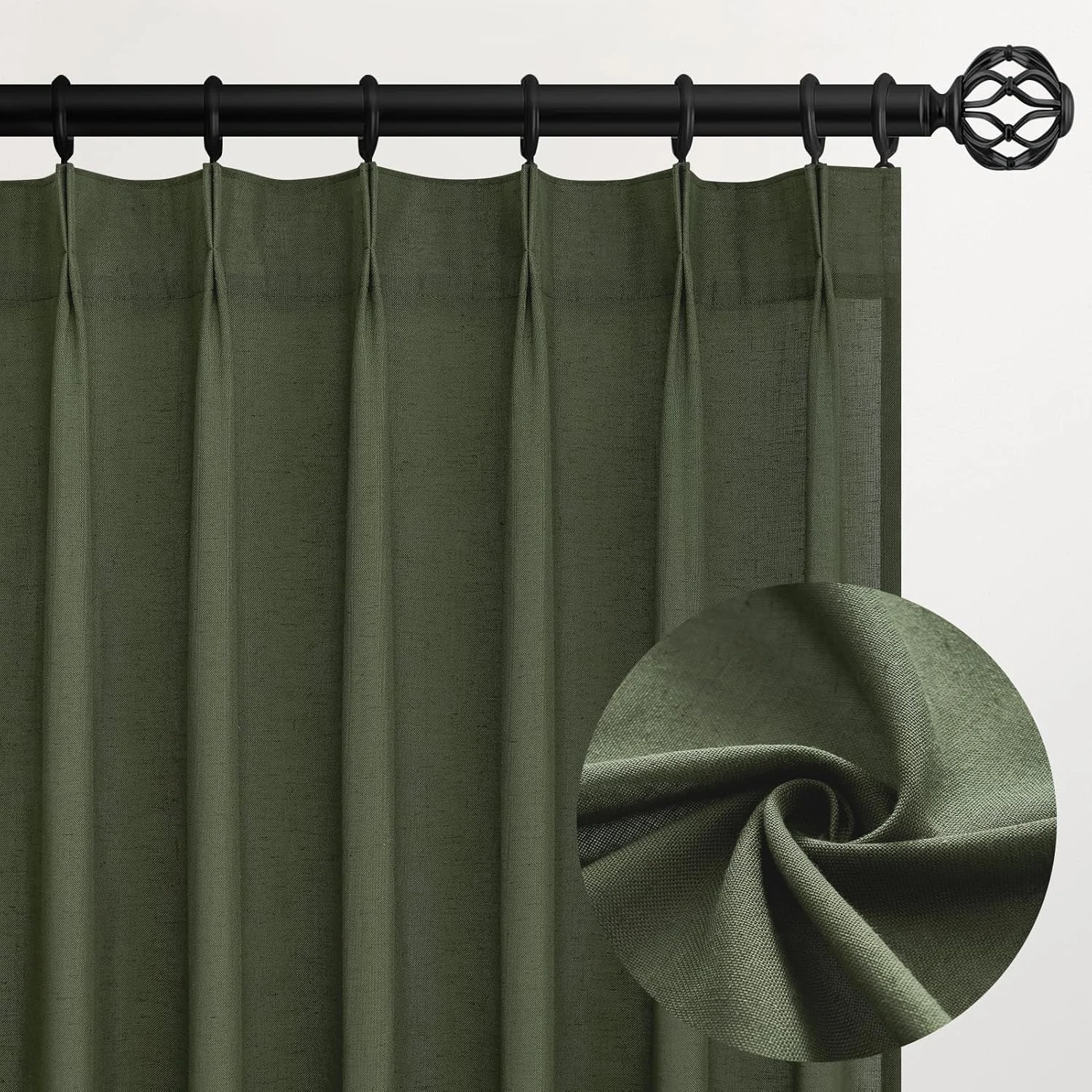 Topfinel Olive Green Linen Semi-Sheer Pinch Pleated Curtains (96" Set of 2)