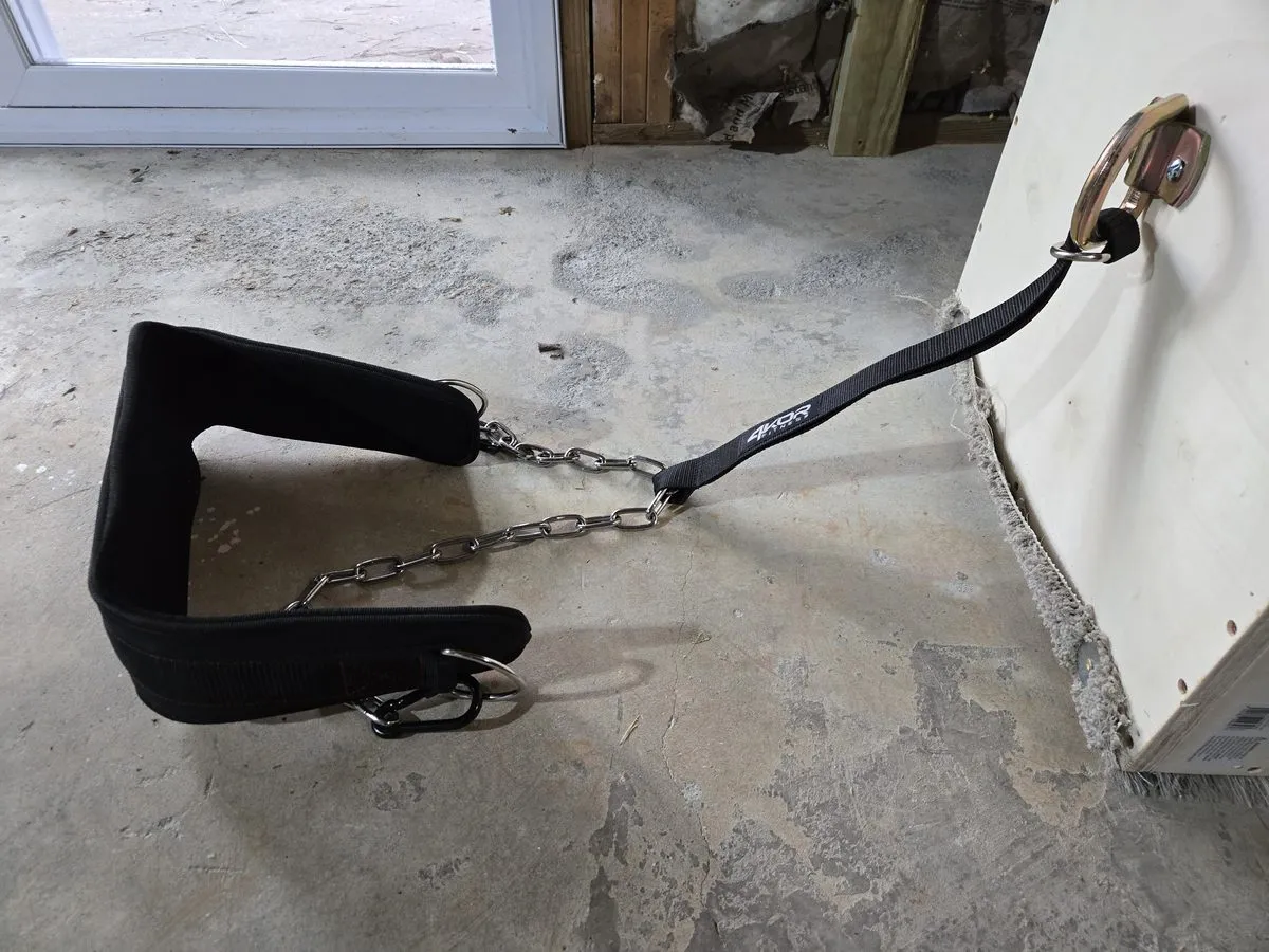 Close-up of the dip belt chain connected to the D-ring on the plywood sled