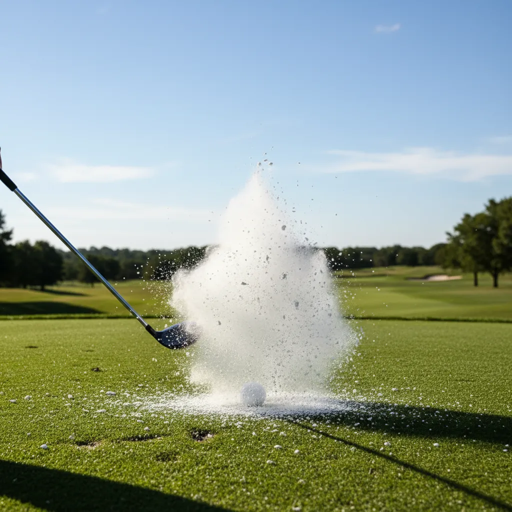 An exploding golf ball bursting into a cloud of white powder on impact on a sunny golf course