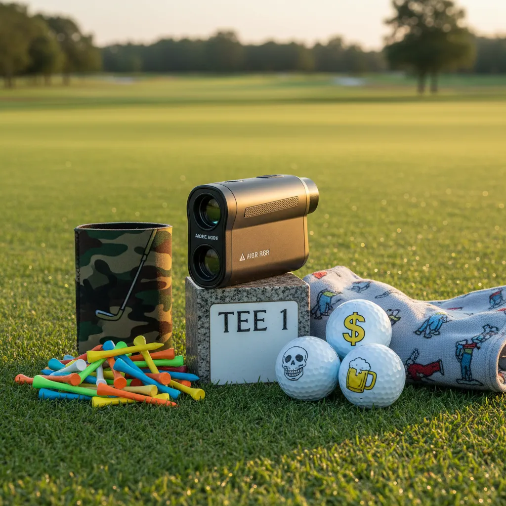A laser golf rangefinder sitting on a tee box surrounded by novelty golf gifts at golden hour